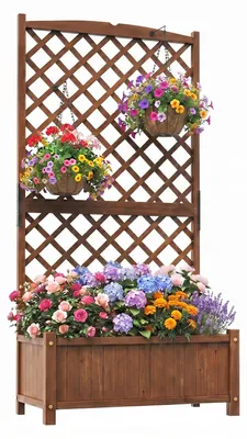 Produktbild von COSTWAY Blumenkasten mit Rankgitter, Sichtschutz, Spalier&Drainagelöchern, Pflanzkasten Tannenholz, Pflanzkübel Hochbeet Rankhilfe 90x45x180,5cm Braun
