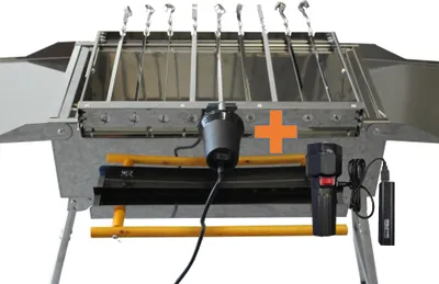 Produktbild von walexo 230V / 5V USB Spießdreher Edelstahl, incl. 9 Spieße Schaschlik Dreher Spießantrieb Spießaufsatz für Mangal