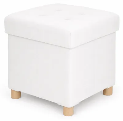 Produktbild von Relaxdays Hocker mit Stauraum, gepolstert, HxBxT: 38 x 38 x 38 cm, Leinenoptik, Holzbeine, eckiger Sitzhocker, weiß