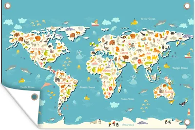 Produktbild von MuchoWow® 90x60 cm Outdoor-Poster Gartendeko Sichtschutz Garten Poster für den Garten  Weltkarte - Kinder - Tiere - Kinder - Jungen - Mädchen