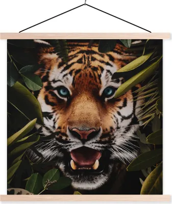 Produktbild von MuchoWow® Textilposter Tiger - Dschungel - Blätter 120x120 cm mit holzfarbenen Rahmen - Textil-Poster