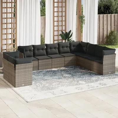 Produktbild von Design 10-tlg. Garten-Sofagarnitur mit Kissen Grau Poly Rattan, Gartenmöbel-Sets 2024 Neu