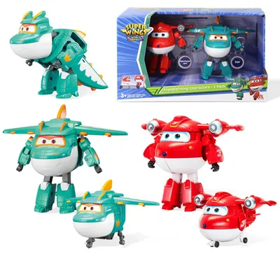 Produktbild von Super Wings 5" Transforming Characters 2-Pack Transforming Supercharged Jett + Tino, Transformer Spielzeug für 3+ Jahre Alten Jungen Mädchen, Rot