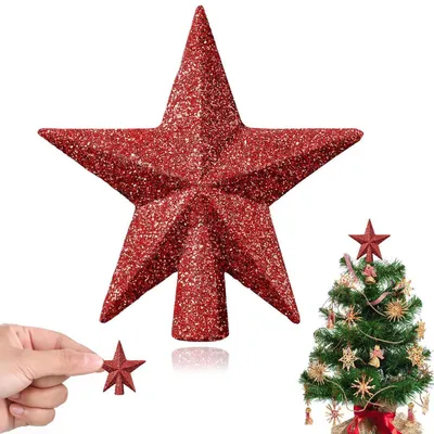 Immagine prodotto di Punta per albero di Natale a forma di stella, rossa, in plastica, con glitter, 4,5 cm
