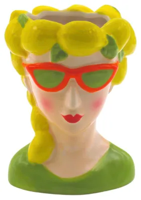 Keramikvase Zitronenfrau, bunt, 17 cm, Dekovase mit Zitronenkopf