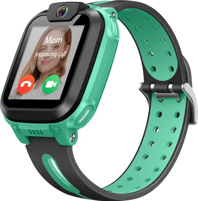 A smartwatch is displayed on a white background, showing an incoming video call from 'Mom'.
