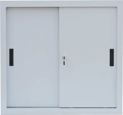 A front view of a light gray metal cabinet with two sliding doors.