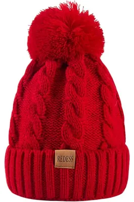 Produktbild von Damen Winter Beanie Mütze mit Bommel Warm Dick Gefüttert Rot