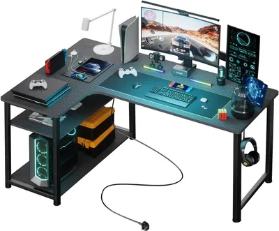 Produktbild von Schreibtisch mit Ablagefläche – Eckschreibtisch – Für das Arbeiten im Homeoffice – Integrierte USB-Anschlüsse – 120 cm – Schwarz