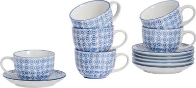 Produktbild von Nicola Spring 12-teiliges handbedrucktes Cappuccinotassen- und Untertassen-Set – 250 ml – Marineblau