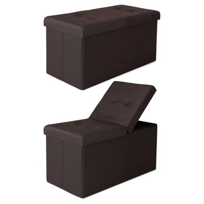 Two views of a brown storage ottoman, one closed and one with the lid partially open.