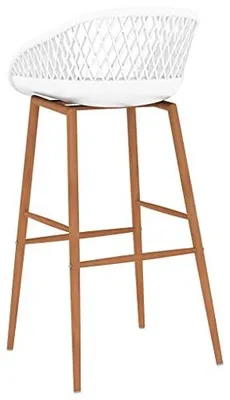 Produktbild von 4 Stück Weiße Barhocker mit Netzoptik Rückenlehne und Holzoptik Metallbeinen - Ergonomische PP Barstühle für Bartheke, Robuste und Langlebige Thekenstühle mit Einfacher
