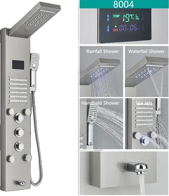 Produktbild von LED-Badewannen-Duscharmatur, digitales Temperaturdisplay, Multifunktions-Duschoptionen, Bürstet 8004