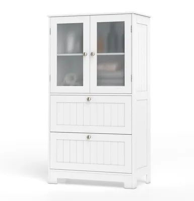 Produktbild von Küchenschrank, Vorratsschrank, Lagerungsschrank, 2 Schubladen, verstellbares Regal, mattiertes Glas, Esszimmer, Wohnzimmer, Weiß