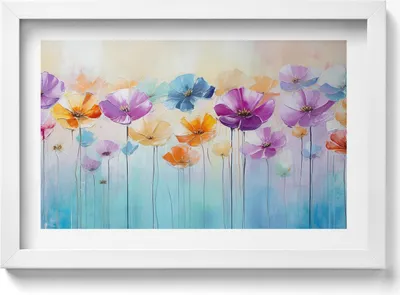 Produktbild von Gemalte bunte Blumen– Wandbild mit Rahmen – Gerahmtes Bild  – Wanddekoration – 30x20 cm –  Weiß Rahmen