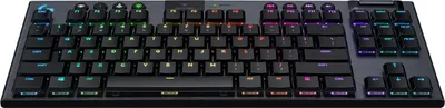 A black gaming keyboard with RGB lighting.