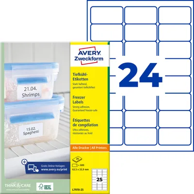 Produktbild von Avery Zweckform L7970-25, Tiefkühl-Etiketten, A4, 63,5 x 33,9 mm, 600 Etiketten / 25 Bögen, weiß