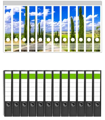 Produktbild von Wallario 12 Stück schmale Ordner inkl. Klebeetiketten mit Motive Zypressenweg in der Toskana -  Set mit Rückenschildern / Ordnerrücken Stickern