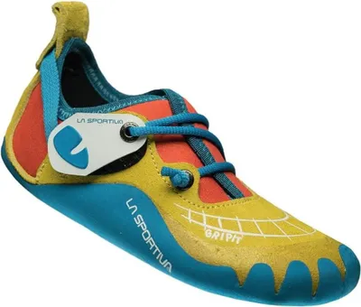 Kinderkletterschuh Gripit von La Sportiva in Gelb; Blau und Rot mit Schnürung und Gummi-Sohle.