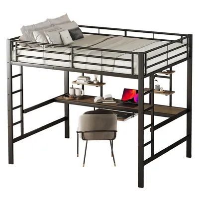 Produktbild von Hochbett mit Rausfallschutz, Lattenrost, Schreibtisch und Leiter, 140x200 cm, Metallbett, Kinderbett, Jugendbett