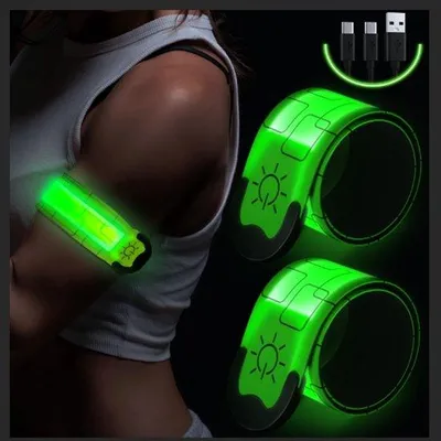 Produktbild von LED-Reflexsicherheitsarmbänder, 2 Stück, USB-ladbar, 4 Lichtstufen, für Fahrrad, Joggen, Wandern, Camping (grün).