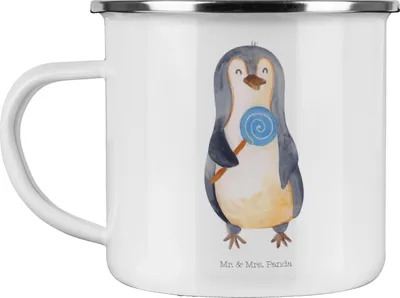 Produktbild von Mr. & Mrs. Panda Emaille Becher Pinguin Lolli - Weiß - Geschenk, Heißhunger, Naschen, Teetasse, Pott, Tasse, Spruch, Süßigkeiten, Pinguine, Haferl