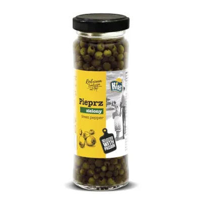A jar of green peppercorns with a label.