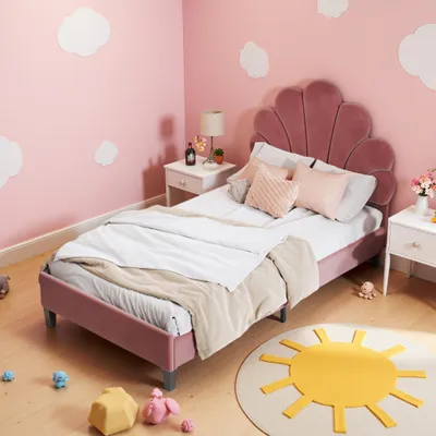 Obrázok produktu pre Jednolôžková posteľ 90 x 200 cm, čalúnená, s čelom v tvare kvetu a lamelovým roštom, stabilný rám postele, detská posteľ, posteľ z velúru šetrného k pokožke, červená