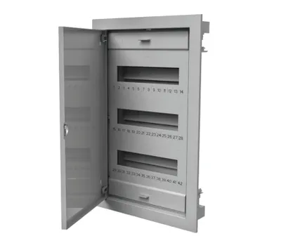 A gray modular electrical cabinet with its door open, showing numbered slots inside.