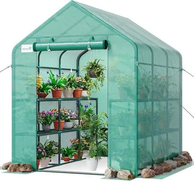 Image de Housse de protection pour abri de jardin en PE avec fermeture éclair, 3 niveaux, 18 étagères, vert, 195 x 214 x 143 cm