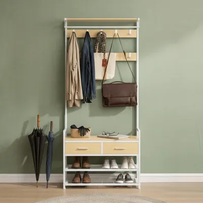 Produktbild von VASAGLE Garderobe mit Schuhbank, Schuhaufbewahrung, 2 Schubladen, 30 x 80,4 x 181,6 cm, goldeichenfarben-weiß