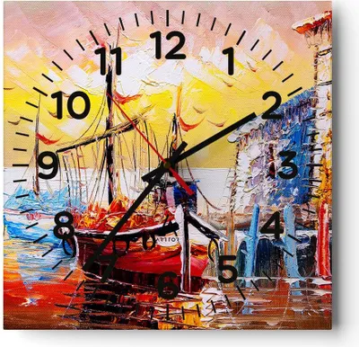 Produktbild von Wanduhr - Quadrat - Glasuhr - Boot Segel Meer - 40x40cm - Schleichendes Uhrwerk - Lautlos - zum Aufhängen bereit - Dekoration Modern - Wanddekoration aus Glas - C4AC40x40-3435