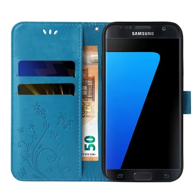 Produktbild von Handyhülle für Samsung Galaxy S7 edge Floral Blumen Schmetterling Flip Cover Hülle Case Klapphülle Handytasche Farbe: Blau