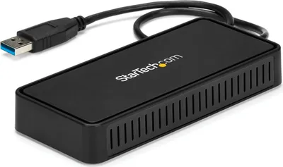 A black StarTech.com USB to Dual DisplayPort adapter is shown on a white background.