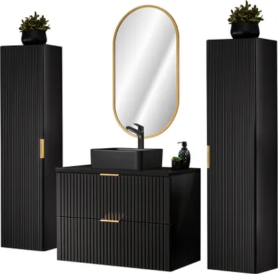 Produktbild von Badezimmer komplett Set, mit 2 Hochschränken, Keramik Waschbecken und ovalem LED Spiegel, schwarz matt gerillt, ADELAIDE-56-BLACK, B/H/T ca. 180/200/46,5 cm
