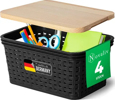 Produktbild von Novaliv 4er Set Elegante Aufbewahrungskörbe mit Holzdeckel Rattan-Optik | Schwarz Lebensmittelecht Kunststoff 2L – für Büro und Zuhause. Vielseitige Kisten zur Aufbewahrung. Ideale Aufbewahrungsbox