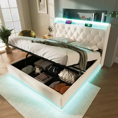 Obrázek produktu pro Postel s čalouněnou konstrukcí 160x200 cm, včetně matrace, bílá postel s úložným prostorem a LED osvětlením, USB portem typu C, rošt a čalouněná opěrka hlavy