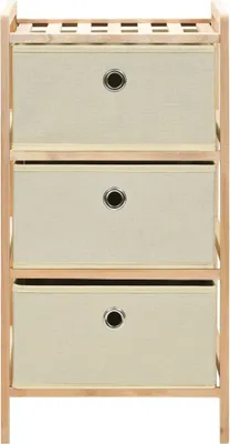 A front view of a three-drawer fabric storage unit with a wooden frame.