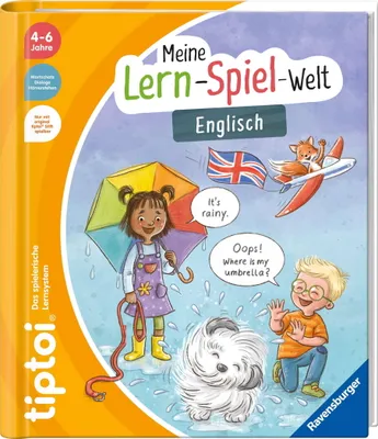 A children's book cover with illustrations of children, a dog, and a plane in the rain, promoting an English learning game.