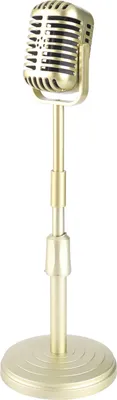 A vintage-style microphone on a stand against a white background.
