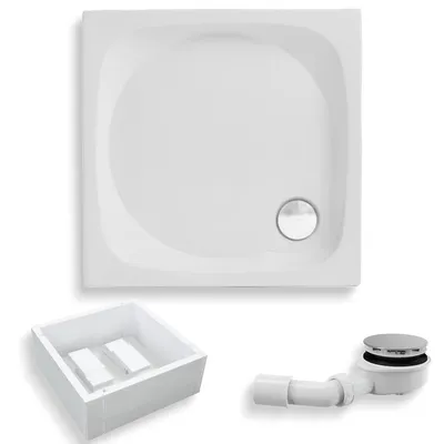 Zdjęcie produktu dla Brodzik Prysznicowy Kwadratowy 80x80x21,5 z Nośnikiem Styropianowym, Akrylowy, Gładki | Syfon odpływ ⌀90 mm + nogi (stelaż) | BADLAND NOWY STYL
