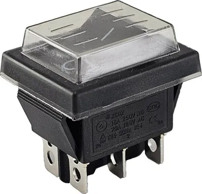 A single black and clear rocker switch with metal terminals.
