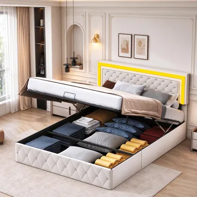 Produktbild von INONEFT Boxspringbett 160x200cm mit Lattenrost und Stauraum, Doppelbett Jugendbett mit LED und Bettkasten, Stauraumbett Funktionsbett, Samt, Beige