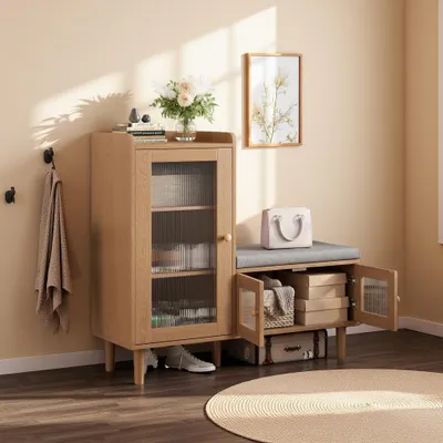 Produktbild von UnboxG Schuhbank mit Schuhschrank in Eichenoptik, Flurgarderobe mit Wellenglastüren, gepolsterter Sitzbank, 3-fach verstellbaren Einlegeböden & Massivholzbeinen, 100 x 35 x 69,5 cm