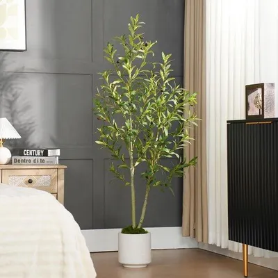 Immagine prodotto di Palma artificiale da 150 cm con vaso decorativo bianco, pianta artificiale con 420 foglie e 30 frutti, albero artificiale dall'aspetto realistico per la camera da letto, il soggiorno e l'arredamento dell'ufficio.
