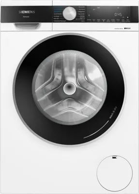 A front-view product shot of a white Siemens washing machine.
