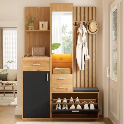 Produktbild von Merax Kompaktgarderobe mit LED Beleuchtung, Schuhschrank mit Sitzbank, Spiegel, Schubladen, Klappschuhfach, Flurgarderobe Eingangsmöbel, Schwarz Natur