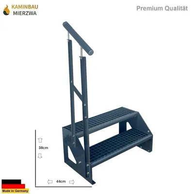 Produktbild von Gitterrost Stahl Freistehende Treppe 2 Stufen Verzinkt & Anthrazit Pulverlackiert + Geländer Links - (L x B x H) 44cm x 80cm x 38cm