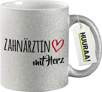 Produktbild von Huuraa Glitzertasse Zahnärztin mit Herz 330ml Silber Keramik Kaffeebecher Geschenkidee