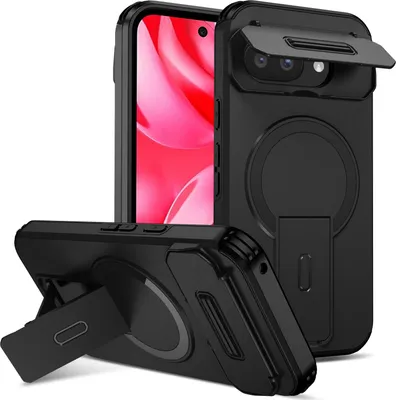 Produktbild von Magnetisch Hülle für Google Pixel 9A, Dual Layer Stoßfest Handyhülle mit Dia Kameraschutz, Verstellbarem Ständer Schwarz